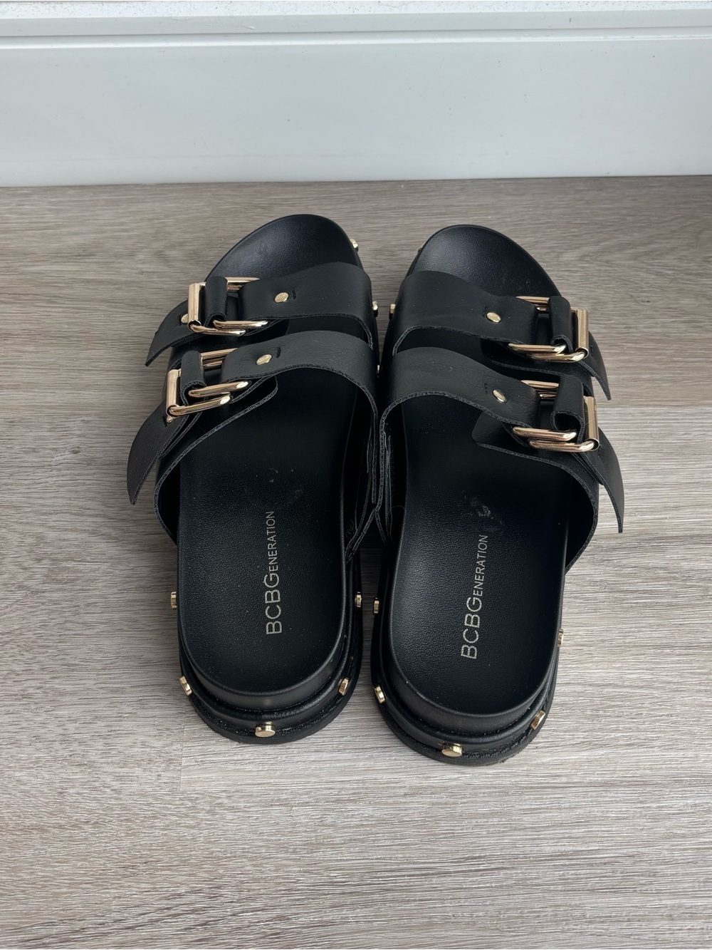 BCBGeneration Black Double Buckle Studded Slide Sandal - Picture 5 of 6
